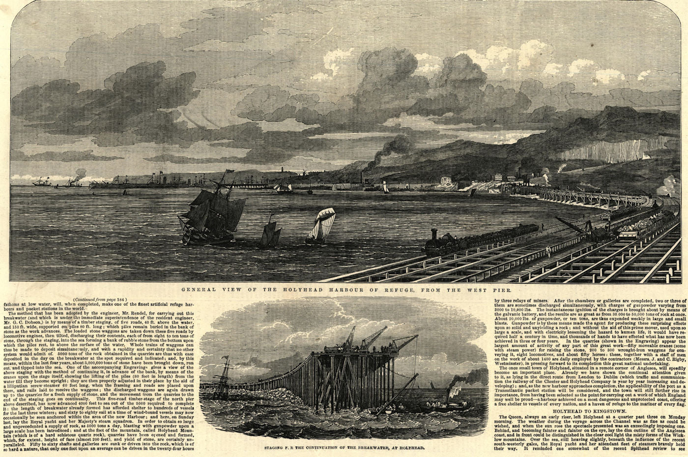 The Holyhead harbour of refuge, from the west pier. Wales. Ports 1853 print